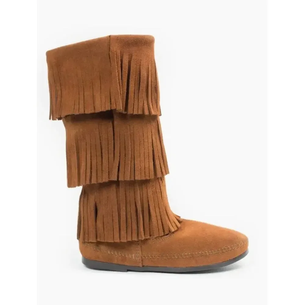 Minnetonka Three Layer Fringe Calf High Boots in Light Brown in Size 10
